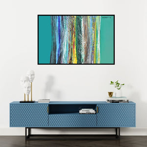 Preview of 'Deluge (Rhythm and Structure)' Painting by Arun K Mishra shown on a wall in a furnished room.