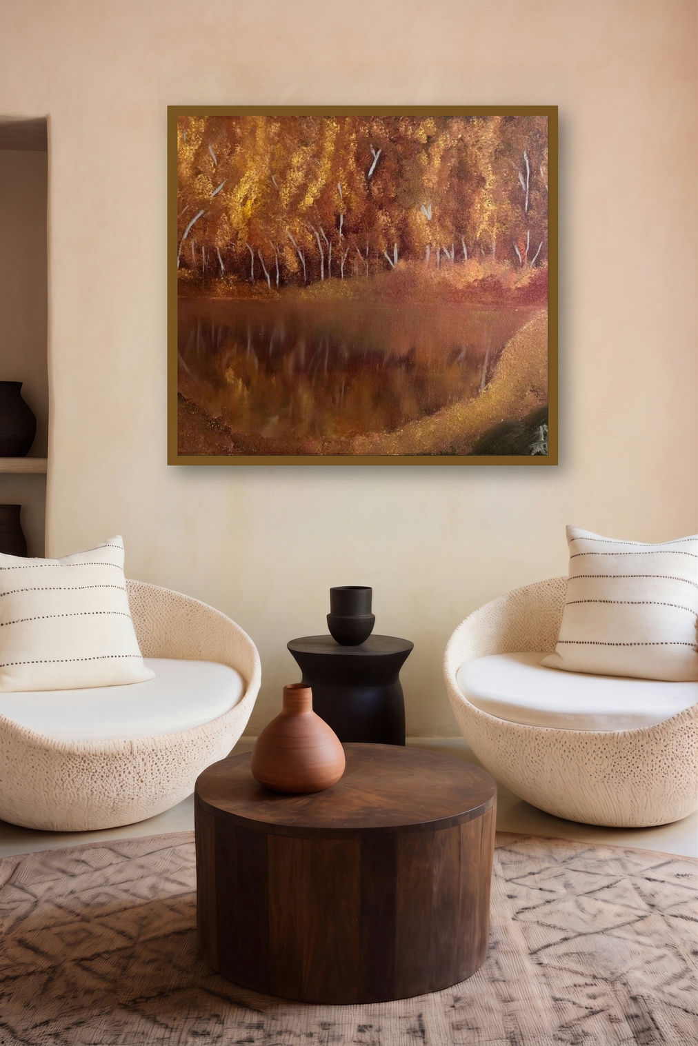 Dense Forest (Golden Autumn) by artist Anu Dhimaan displayed in a Museum Style gallery