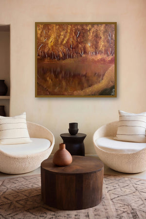 Dense Forest (Golden Autumn) by artist Anu Dhimaan displayed in a Museum Style gallery
