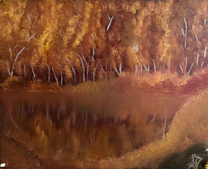 Dense Forest (Golden Autumn) by Anu Dhimaan, Original Oil Landscape Painting on Canvas, Small Horizontal Wall Art