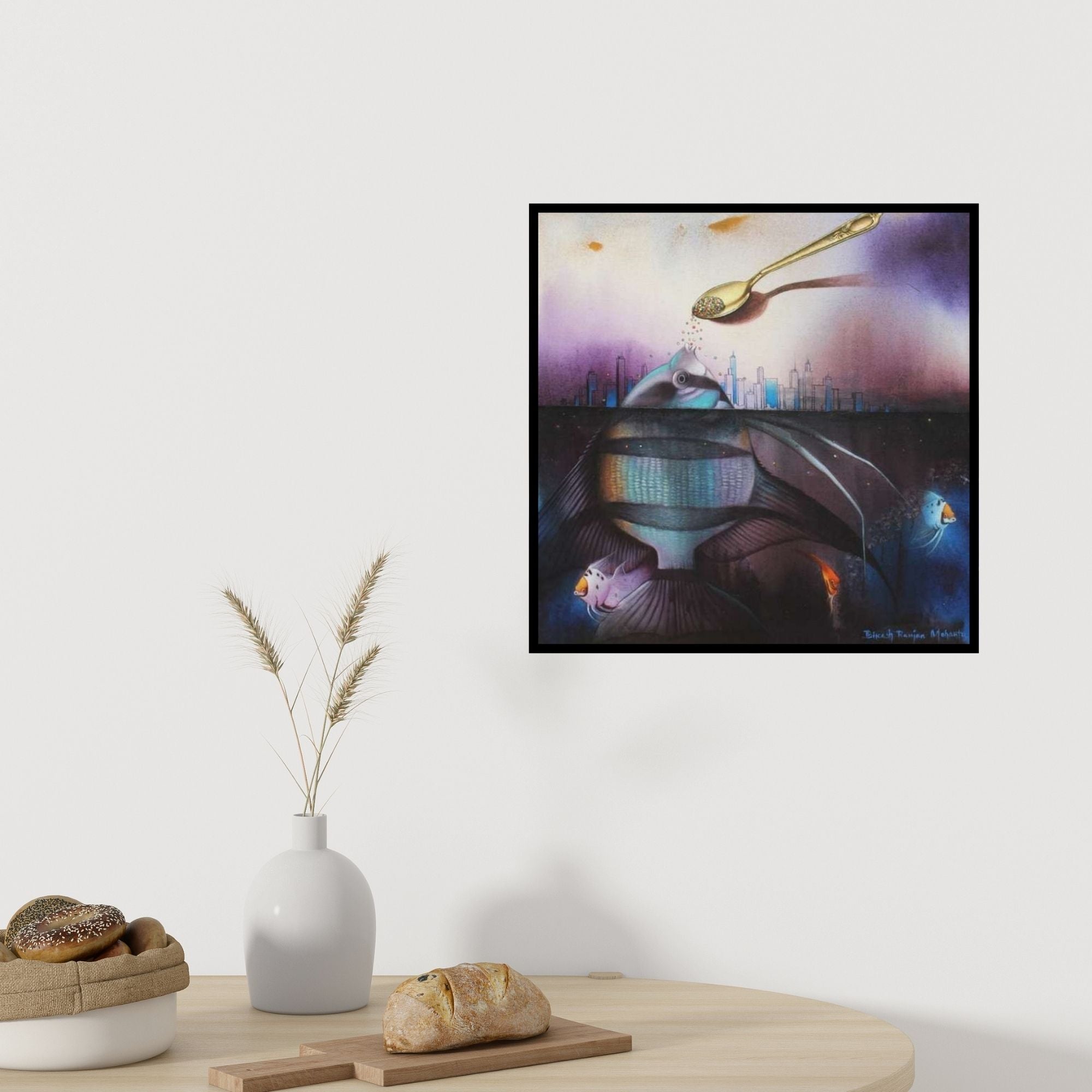In-situ view of Bikash Mohanta's 'Dependent Life (Feeding the City Fish)' painting in a room