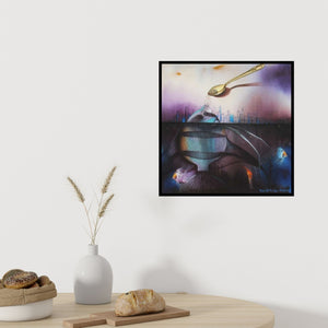 In-situ view of Bikash Mohanta's 'Dependent Life (Feeding the City Fish)' painting in a room