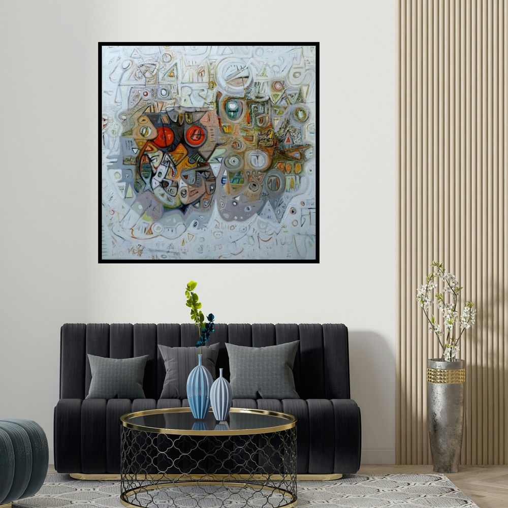 Rajesh Kumar Singh's 'Depth Of Life (The Language of Symbols)' painting visualized above a sofa in a contemporary room.