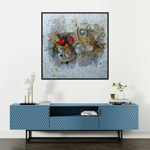 'Depth Of Life (The Language of Symbols)' painting by Rajesh Kumar Singh shown on a wall in a furnished room.