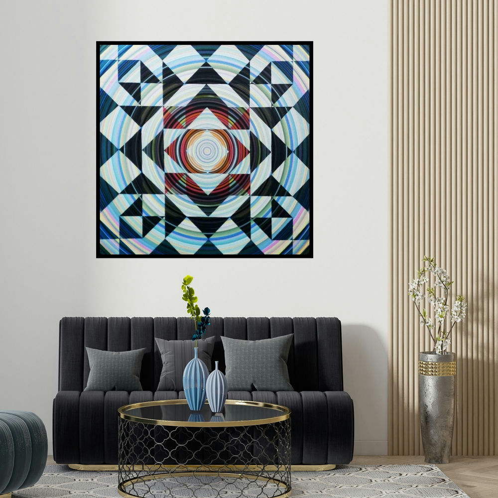 Ghanshyam Gupta's 'Design Surface (Cosmic Tapestry)' painting visualized above a sofa in a contemporary room.