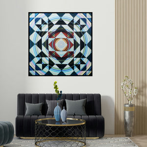 Ghanshyam Gupta's 'Design Surface (Cosmic Tapestry)' painting visualized above a sofa in a contemporary room.