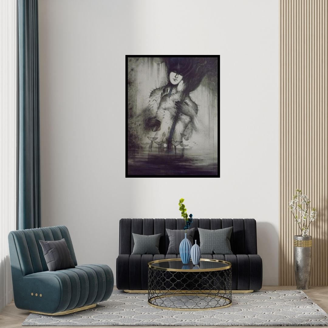 Preview of 'Desire 1' Painting by Arabinda Samanta shown on a wall in a furnished room.