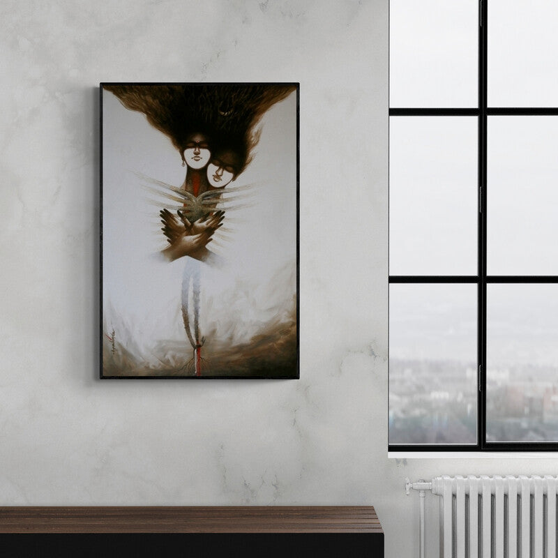 Arabinda Samanta's painting 'Desire 2 (Souls Embrace)' displayed in a modern living room setting