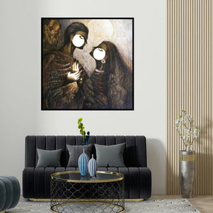 Arabinda Samanta's 'Desire 3' painting visualized above a sofa in a contemporary room.