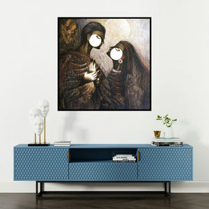 'Desire 3' painting by Arabinda Samanta shown on a wall in a furnished room.