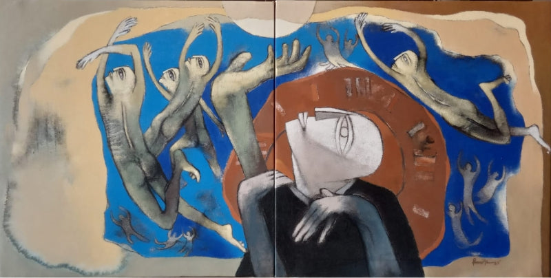 'Desire 31 (Diptych)' contemporary acrylic painting by artist Pradip Kumar Sau, 24x48 inch, on canvas