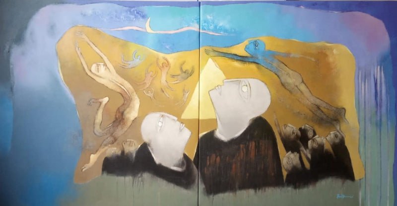 'Desire 32 (Diptych)' contemporary acrylic painting by artist Pradip Kumar Sau, 30x60 inch, on canvas