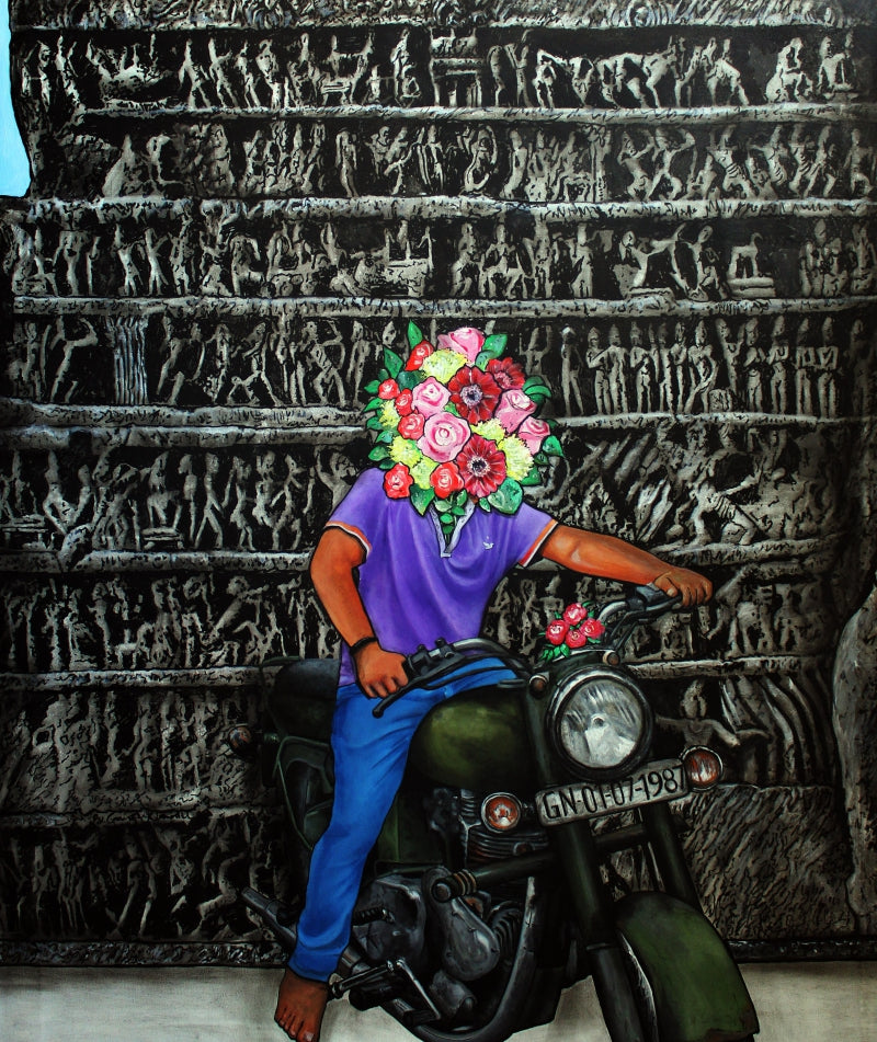 Destination To The Temple 2' contemporary acrylic-charcoal painting by artist Gangu Naidu Pv, 44x36 inch, on canvas