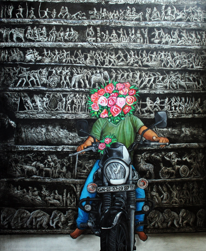Destination To The Temples' contemporary acrylic-charcoal painting by artist Gangu Naidu Pv, 44x36 inch, on canvas