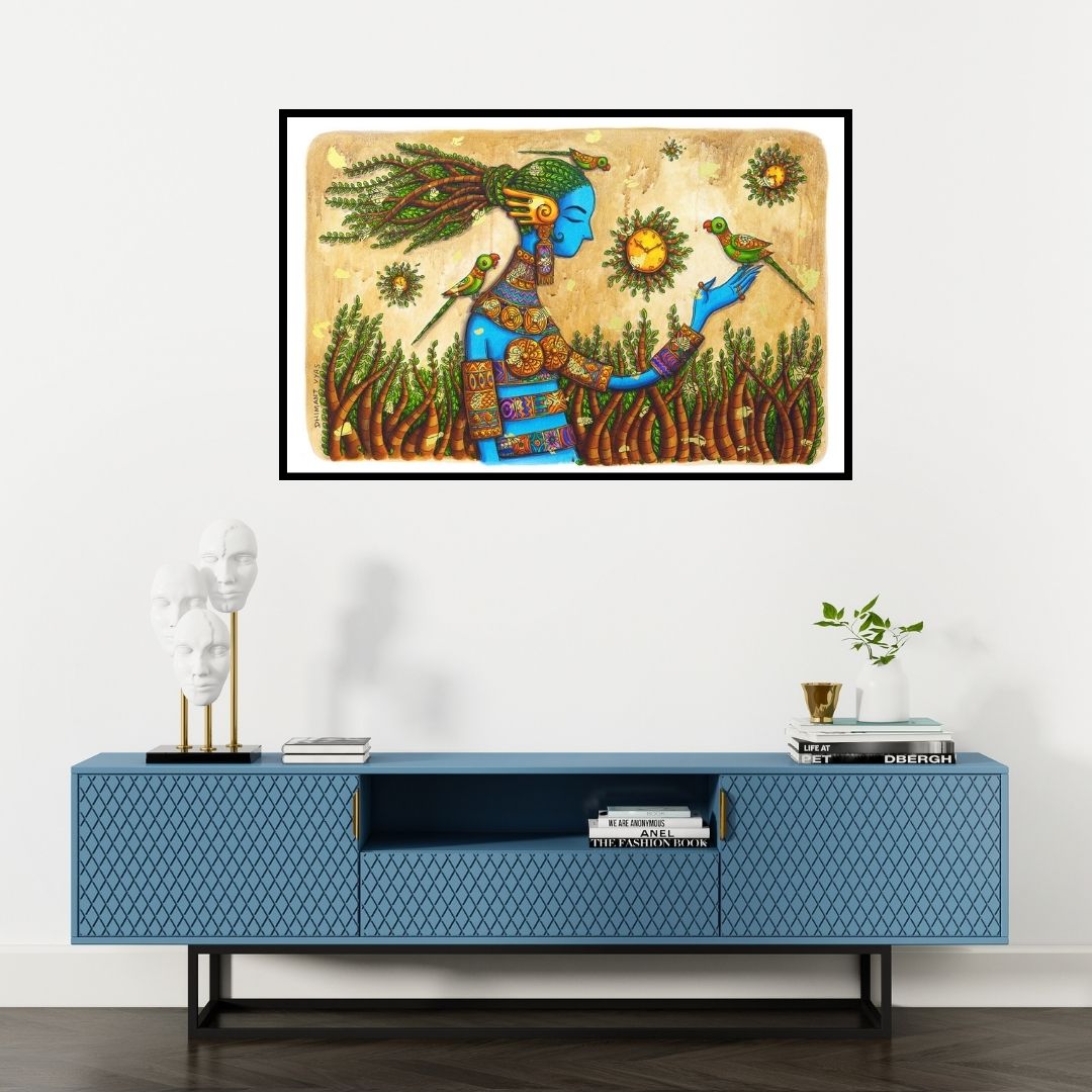 Preview of 'Destiny (The Guardian of Time)' Painting by Dhimant Vyas shown on a wall in a furnished room.