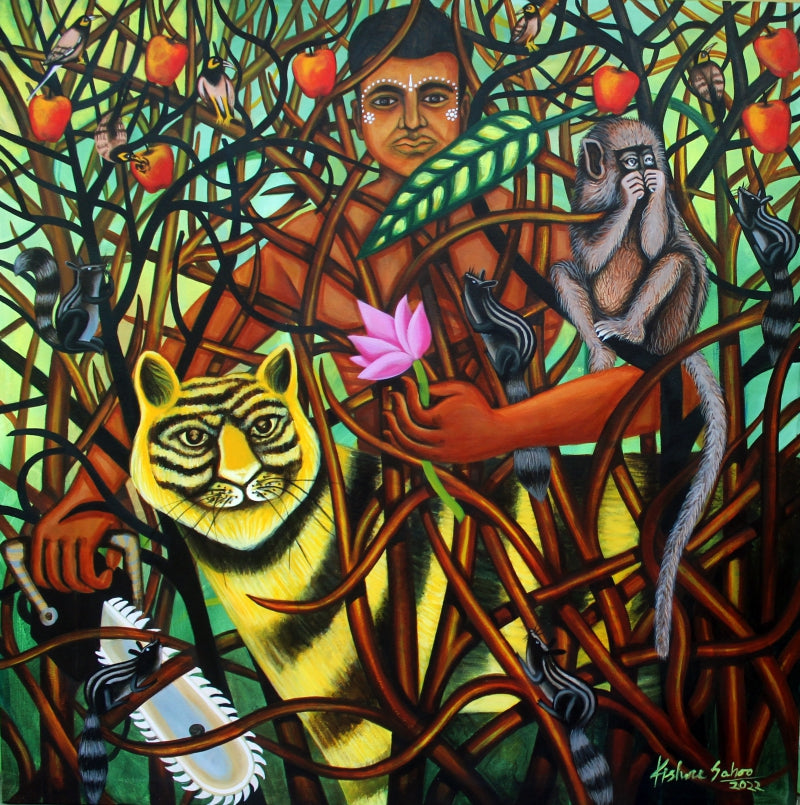Destruction Regeneration' figurative acrylic painting by artist Kishore Sahoo, 48x48 inch, on canvas