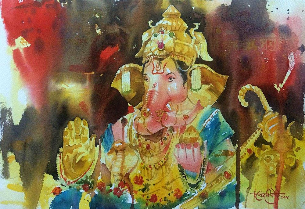 Landscape watercolor painting titled 'Deva Shree GANESHA', 22x15 inches, by artist Vikrant Shitole on Paper