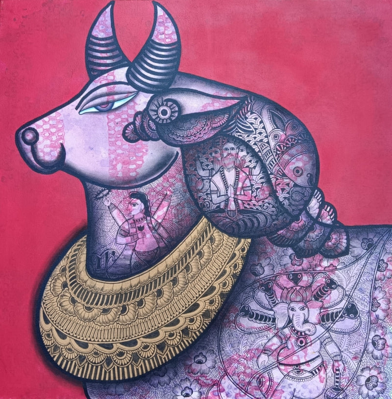 Deva Vahana' religious mixed-media painting by artist Mohit Bhardwaj, 24x24 inch, on canvas