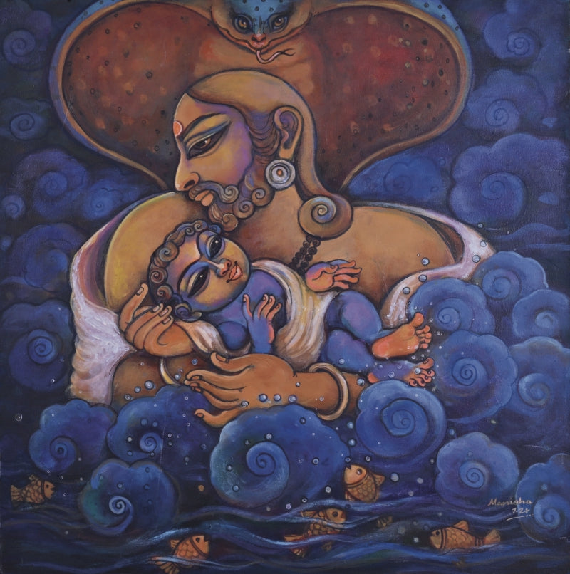 Devaki Nandan' religious acrylic painting by artist Manisha Srivastava, 30x30 inch, on canvas