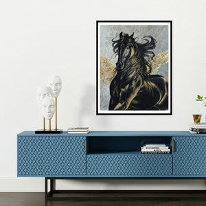 'Horse 01 (Black Beauty)' painting by Deven Ramesh Bhosale shown on a wall in a furnished room.
