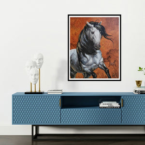 'Horse 03 (Desert Spirit)' painting by Deven Ramesh Bhosale shown on a wall in a furnished room.