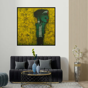 Basuki Dasgupta's 'Devi (Emerald Gaze)' painting visualized above a sofa in a contemporary room.
