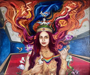 Devi (Queen of the Cosmos) by Ankur Rana, Original Acrylic Figurative Painting on Canvas, X-Large Horizontal Wall Art