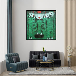 Preview of 'Devi 2 (The Veiled Figures)' Painting by Basuki Dasgupta shown on a wall in a furnished room.