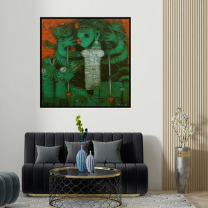 Basuki Dasgupta's 'Devi 4 (Primal Power)' painting visualized above a sofa in a contemporary room.