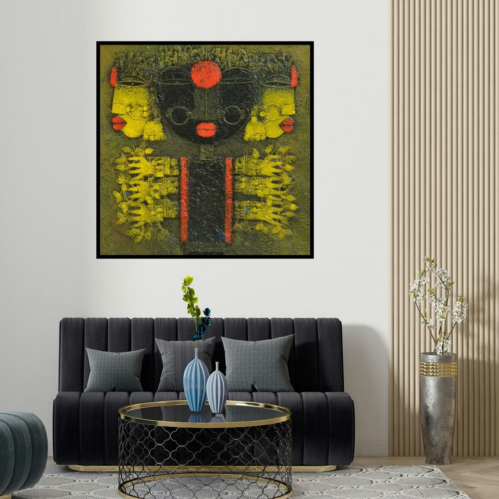 Basuki Dasgupta's 'Devi 5 (Ancient Echoes)' painting visualized above a sofa in a contemporary room.