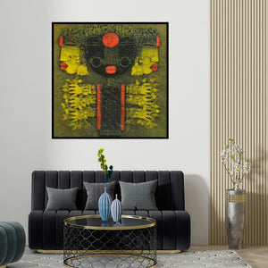 Basuki Dasgupta's 'Devi 5 (Ancient Echoes)' painting visualized above a sofa in a contemporary room.