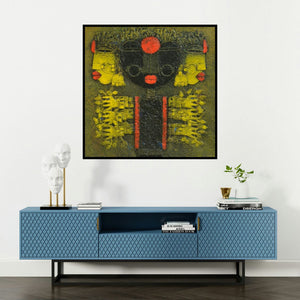 'Devi 5 (Ancient Echoes)' painting by Basuki Dasgupta shown on a wall in a furnished room.