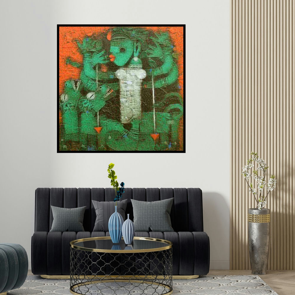 Basuki Dasgupta's 'Devi' painting visualized above a sofa in a contemporary room.