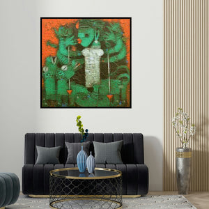 Basuki Dasgupta's 'Devi' painting visualized above a sofa in a contemporary room.