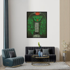 Preview of 'Devi 7 (Devi 7)' Painting by Basuki Dasgupta shown on a wall in a furnished room.