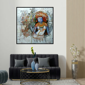 Rajesh Kumar Singh's 'Devi (Abstract Deity)' painting visualized above a sofa in a contemporary room.