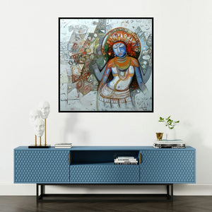 'Devi (Abstract Deity)' painting by Rajesh Kumar Singh shown on a wall in a furnished room.
