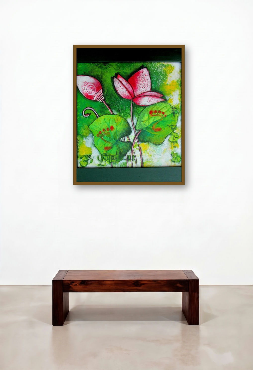 Devi (Serene Blossom) by artist Sharmi Dey displayed in a Mid-Century Modern Dining Room