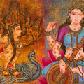 Religious acrylic painting titled 'Devi Brahmani', 30x60 inch, by artist Vishal Sablley on Canvas