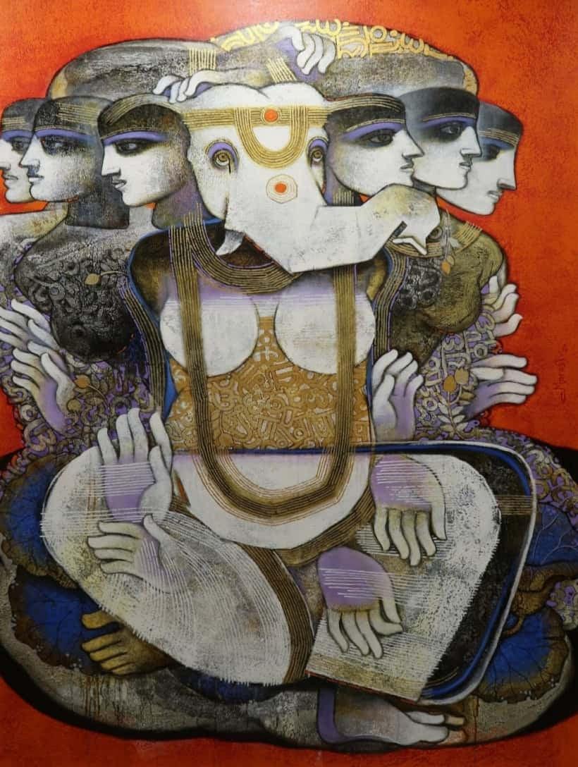 Religious acrylic painting titled 'Devi Ganeshi', 78x54 inches, by artist Manas Jena on Canvas