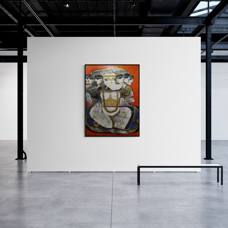 In-situ view of Manas Jena's 'Devi Ganeshi (Ganesha with Five Figures)' painting in a room