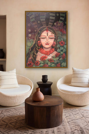Devi Ii (Crimson Offering) by artist Devirani Dasgupta displayed in a Boutique gallery