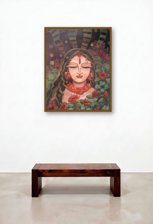 Devi Ii (Crimson Offering) by artist Devirani Dasgupta displayed in a Scandinavian Dining Room