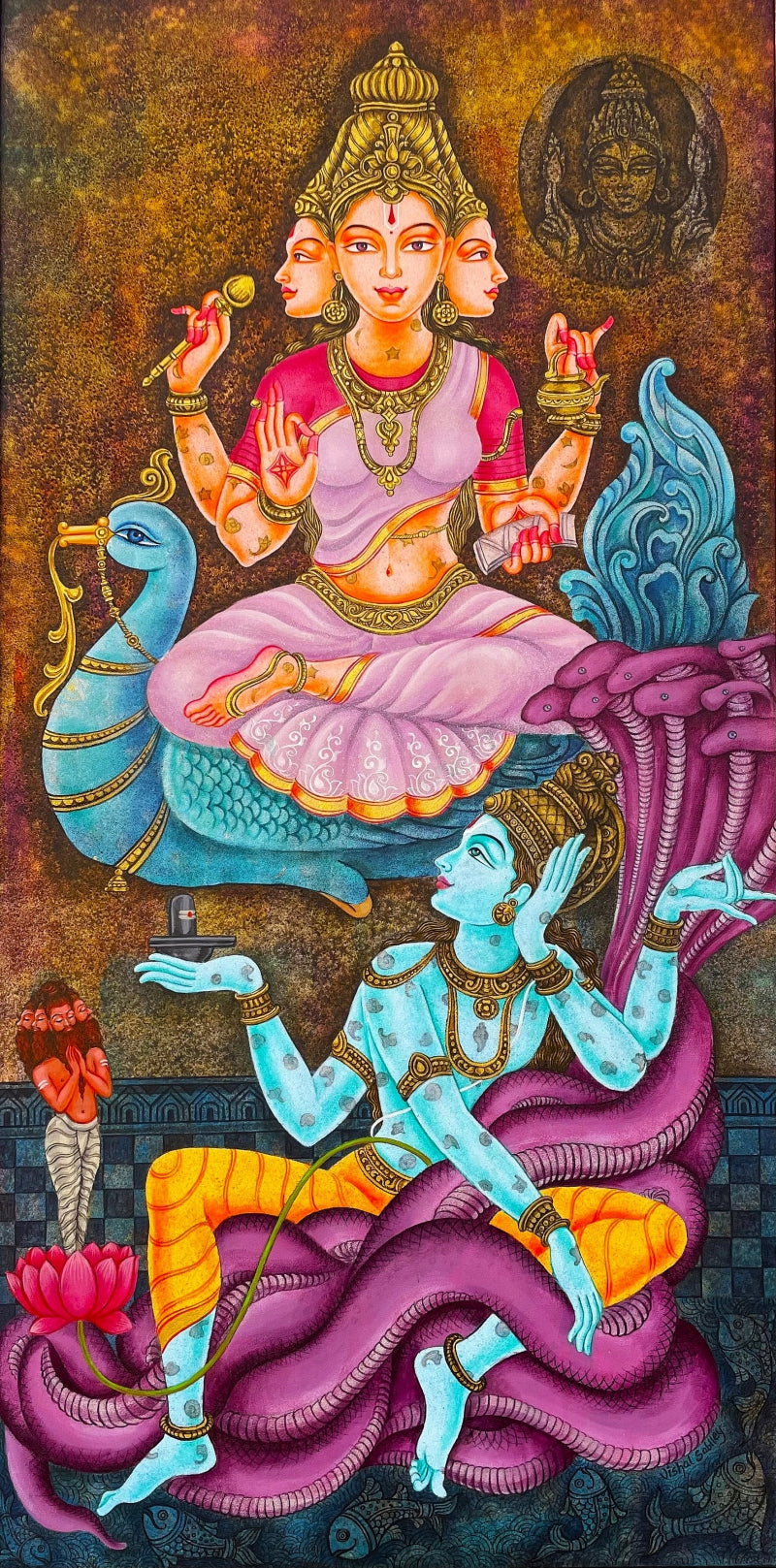 Devi Vasudha With Vishnu' religious acrylic painting by artist Vishal Sablley, 60x30 inch, on canvas