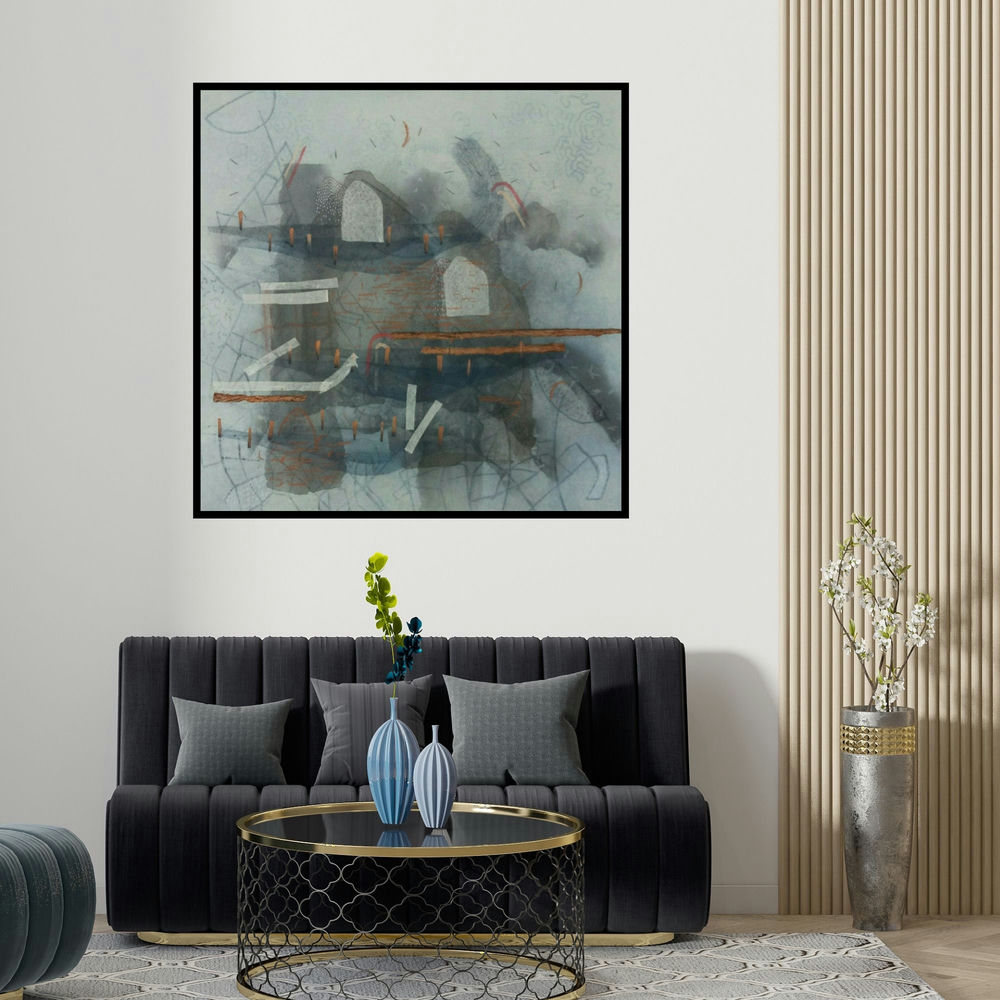 Narendar Mukherjee's 'Deviation Of Nature 2 (Abstract Structures)' painting visualized above a sofa in a contemporary room.