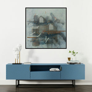 'Deviation Of Nature 2 (Abstract Structures)' painting by Narendar Mukherjee shown on a wall in a furnished room.