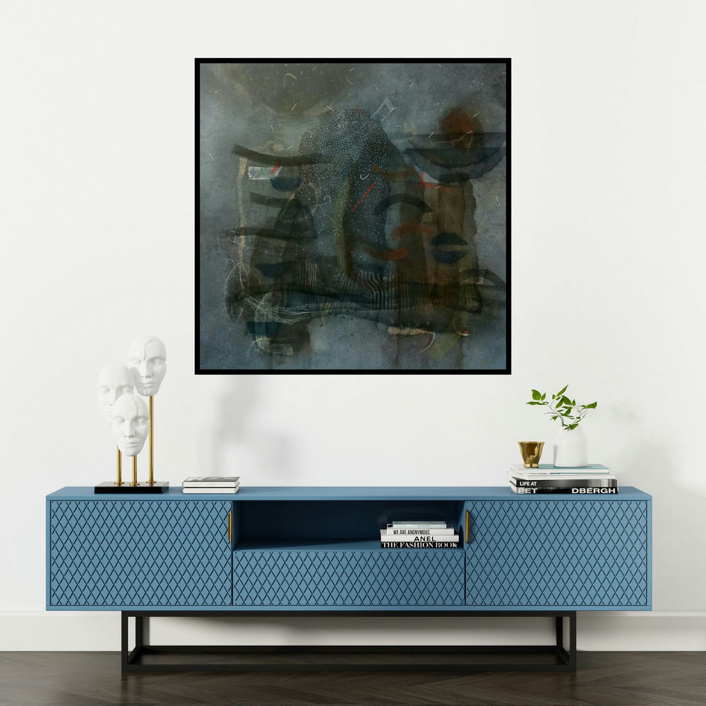 'Deviation Of Nature 3 (Nocturne)' painting by Narendar Mukherjee shown on a wall in a furnished room.