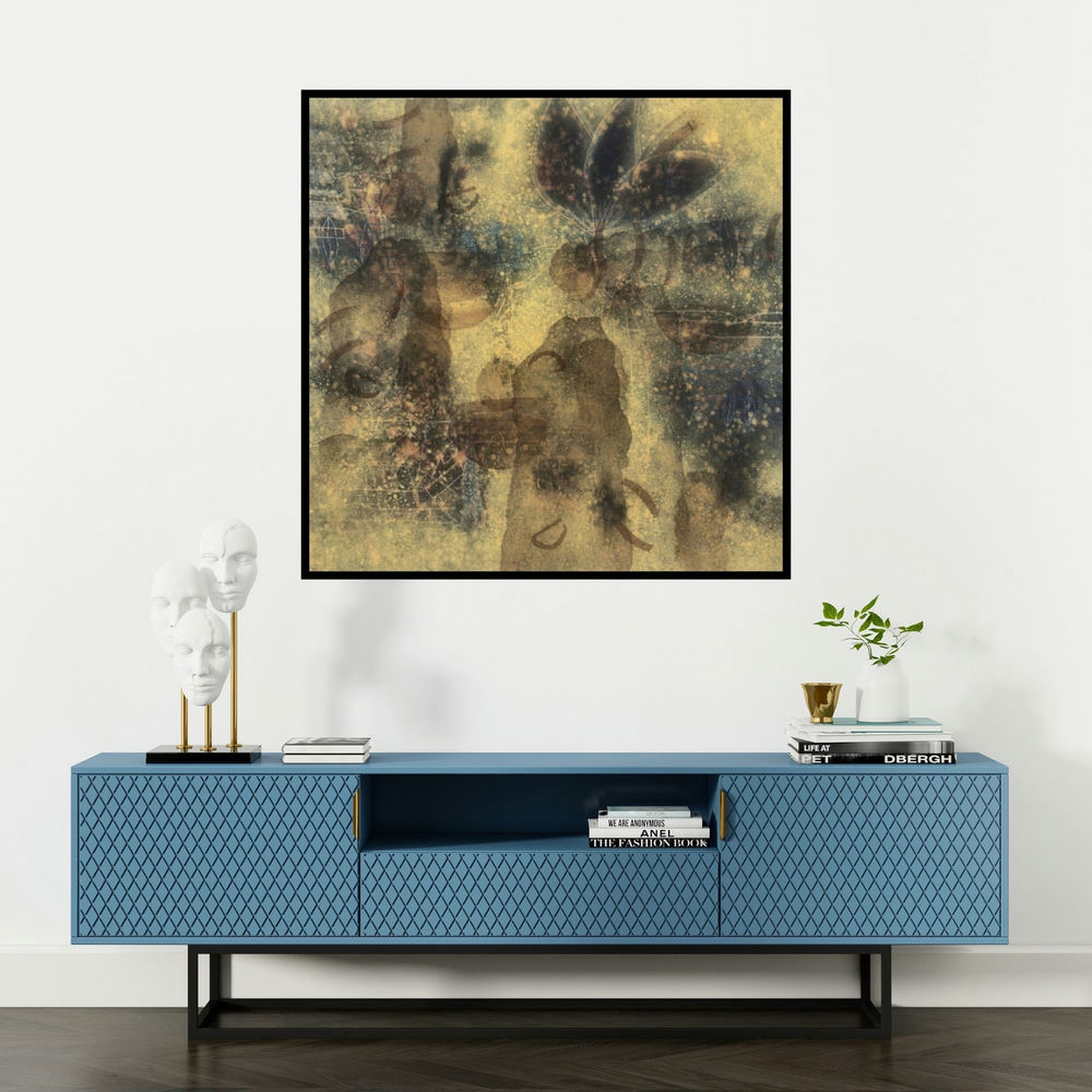 'Deviation Of Nature 6 (Golden Abstraction)' painting by Narendar Mukherjee shown on a wall in a furnished room.