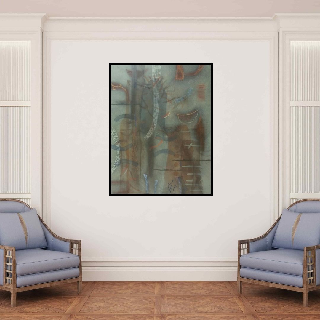 In-situ view of Narendar Mukherjee's 'Deviation Of Nature 7 (Abstract Tapestry)' painting in a room