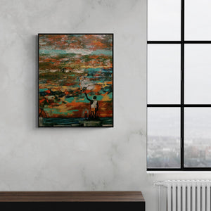 Preview of 'Devin Conversation (Ethereal Awakening)' Painting by Nishant Mishra shown on a wall in a furnished room.